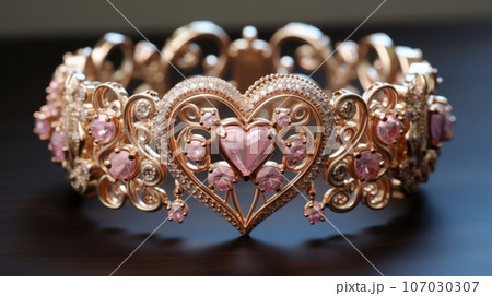 Luxury beautiful ring with heart design, macro shot. Stylish gold ring on a table with bokeh effect.  3D illustration of gold ring with pink heart in design. Beautiful jewelry with exclusive design 107030307