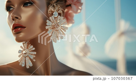 Beautiful young woman with Luxury earrings with precious stones on blue sea background with soft focus. Fashion outdoor photo of sensual woman with blond hair in elegant dress and style accessories. Beautiful young woman with Luxury earrings with precious stones on blue sea background with soft focus. Fashion outdoor photo of sensual woman with blond hair in elegant dress and style accessories. 107030367