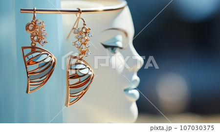 Luxury earrings with precious stones outdoor shot with bokeh effect. Luxury Beautiful exclusive earrings with diamonds with evening soft light , macro shot. 3D illustration of gold earrings. Luxury earrings with precious stones outdoor shot with bokeh effect. Luxury Beautiful exclusive earrings with diamonds with evening soft light , macro shot. 3D illustration of gold earrings. 107030375