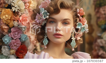 Beautiful young woman with Luxury earrings, flowers on background. Fashion outdoor photo of sensual woman with blond hair in elegant dress and style accessories. Gold jewelry with exclusive design Beautiful young woman with Luxury earrings, flowers on background. Fashion outdoor photo of sensual woman with blond hair in elegant dress and style accessories. Gold jewelry with exclusive design 107030387