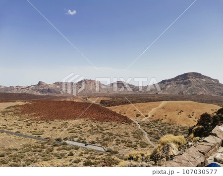 Panoramic view of volcanic lanscape in front of the ocean from the peak of mountain Teide, Tenerife Panoramic view of volcanic lanscape in front of the ocean from the peak of mountain Teide, Tenerife 107030577