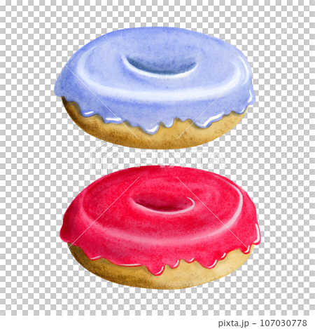 Lavender blue and pink red glazed donut watercolor illustration set isolated on white background. Side view, for boys birthday or Hanukkah designs 107030778