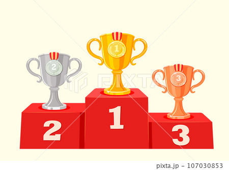 Award ceremony podium. Gold, silver and bronze cups with medals. Competition trophies vector illustration 107030853