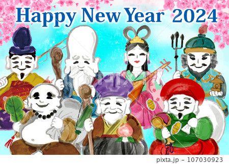 2024年  年賀状用テンプレート　七福神の手描き和風イラスト入り 107030923