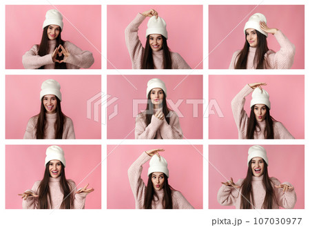 Set of beautiful woman in hat showing different facial emotions Set of beautiful woman in hat showing different facial emotions 107030977