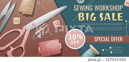 Banner template for sewing workshop. Discount coupon with sewing items. Pattern, template, buttons, thread. Poster for sewing courses, schools, shops, ateliers. Discounts on products and services 107031488