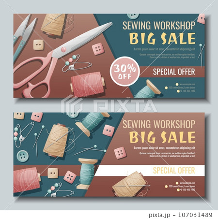 Set of banner templates for sewing workshop. Discount coupon with sewing items. Pattern, template, buttons, thread. Poster for sewing courses, schools, shops, ateliers. Discounts on products Set of banner templates for sewing workshop. Discount coupon with sewing items. Pattern, template, buttons, thread. Poster for sewing courses, schools, shops, ateliers. Discounts on products 107031489