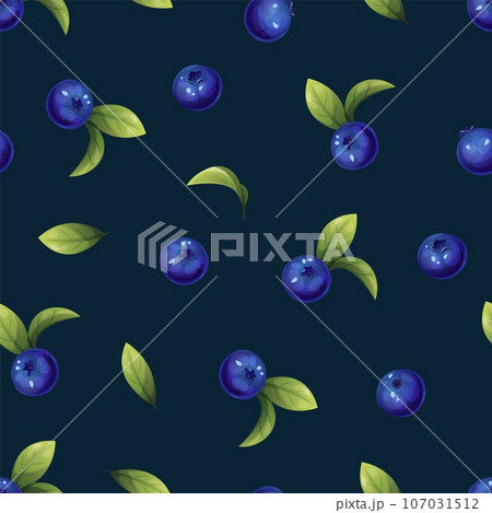 Seamless pattern of blueberries. Texture of blue berries and leaves. Blueberry sprigs for fabric, wallpaper, wrapping paper, etc. 107031512