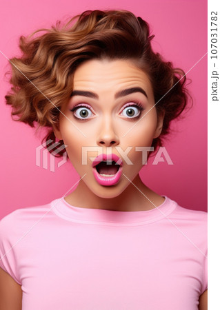 Beautiful stylish young woman with surprised face expression on pink trendy background Beautiful stylish young woman with surprised face expression on pink trendy background 107031782