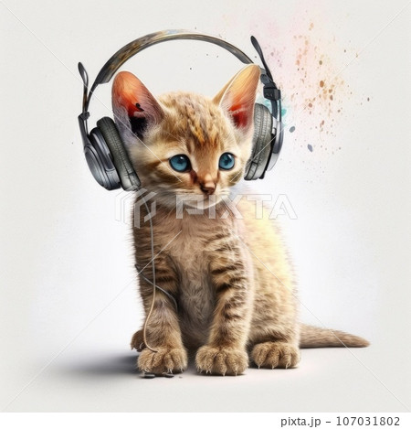Cute watercolor kitten with headphones on white background 107031802