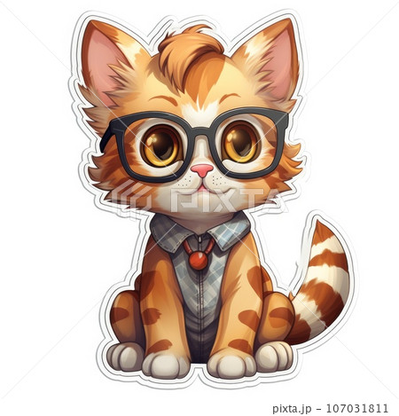 Cute cartoon kitten in glasses on white background, digital sticker Cute cartoon kitten in glasses on white background, digital sticker 107031811