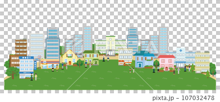 Illustration material of people and city (line, horizontal, round hill) 107032478