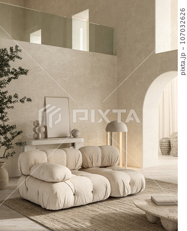 Boho beige livingroom with atrium, tree and windows background. Light modern japanese nature view. 3d rendering mock up. High quality 3d illustration 107032626