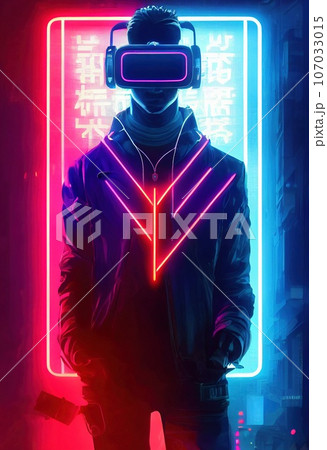 Portrait of a man wearing a cyberpunk headset, neon virtual glasses, and cyberpunk gear. A high-tech futuristic man from the future. The concept of virtual reality and cyberpunk. 3D rendering. Portrait of a man wearing a cyberpunk headset, neon virtual glasses, and cyberpunk gear. A high-tech futuristic man from the future. The concept of virtual reality and cyberpunk. 3D rendering. 107033015