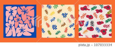 Modern trendy Matisse flower minimal style. Set of 3 Matisse inspired wall art posters, brochure, flyer templates 107033334