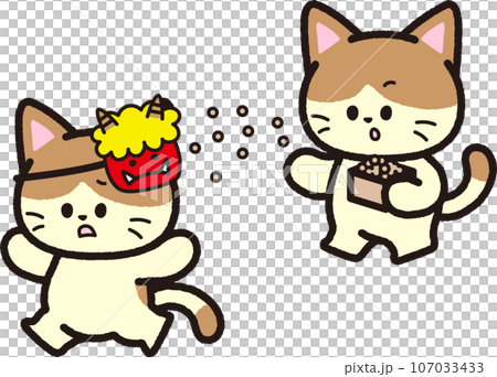 A brown hachiware cat throws beans towards the demon mask during Setsubun. 107033433