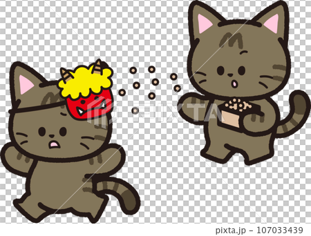 A pheasant cat throws beans towards the demon mask during Setsubun. A pheasant cat throws beans towards the demon mask during Setsubun. 107033439
