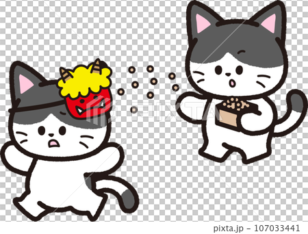 A black hachiware cat throws beans towards the demon mask during Setsubun. 107033441
