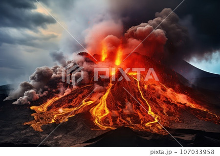 Aerial view of a massive Volcano Eruption. Aerial view of a massive Volcano Eruption. 107033958