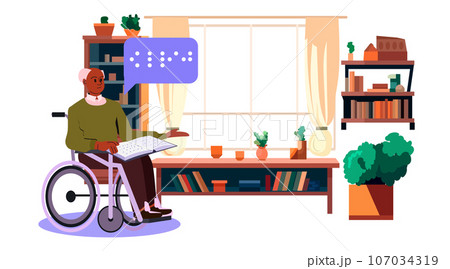 bling man in wheelchair reading with braille alphabet people with disabilities concept living room interior bling man in wheelchair reading with braille alphabet people with disabilities concept living room interior 107034319