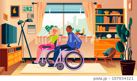 disabled man woman in wheelchairs watching tv people with disabilities rehabilitation concept modern living room interior 107034321