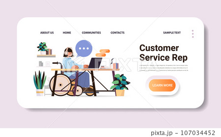 disabled woman operator with headset in wheelchair girl chatting with clients customer service rep people with disabilities concept disabled woman operator with headset in wheelchair girl chatting with clients customer service rep people with disabilities concept 107034452