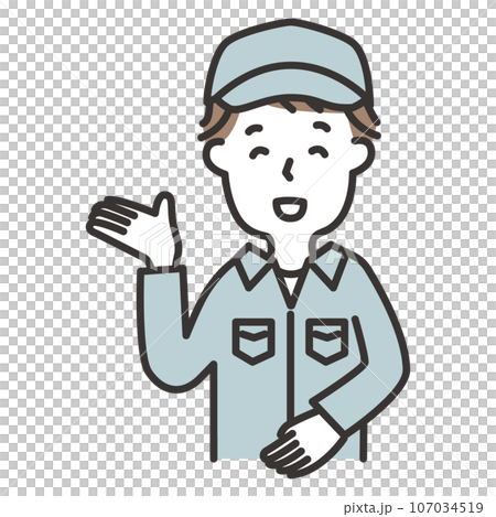 帽子をかぶった作業服の男性がこちらと案内しているイラスト 帽子をかぶった作業服の男性がこちらと案内しているイラスト 107034519
