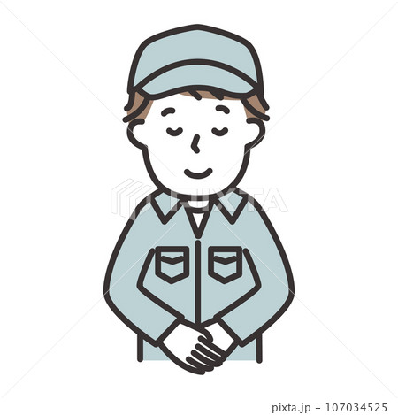 帽子をかぶった作業服の男性がにこやかにおじぎをするイラスト 107034525