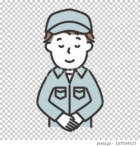 帽子をかぶった作業服の男性がにこやかにおじぎをするイラスト 107034525