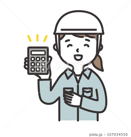 ヘルメットをかぶった作業服の女性が電卓を持っているイラスト ヘルメットをかぶった作業服の女性が電卓を持っているイラスト 107034550