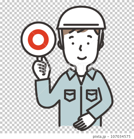 Illustration of a man in work clothes wearing a helmet holding out a circle tag 107034575
