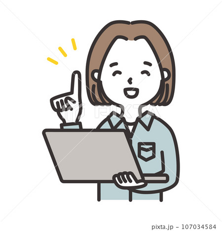 作業服の女性がパソコンを持って案内しているイラスト 107034584