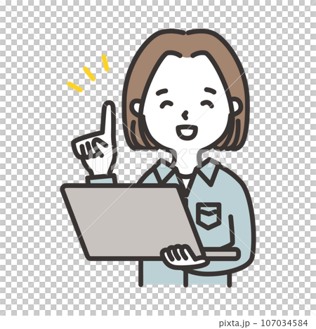 作業服の女性がパソコンを持って案内しているイラスト 107034584