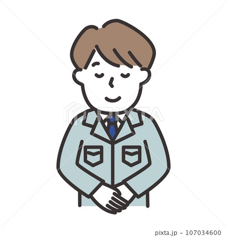 作業服にネクタイをした男性がにこやかにおじぎをするイラスト 107034600