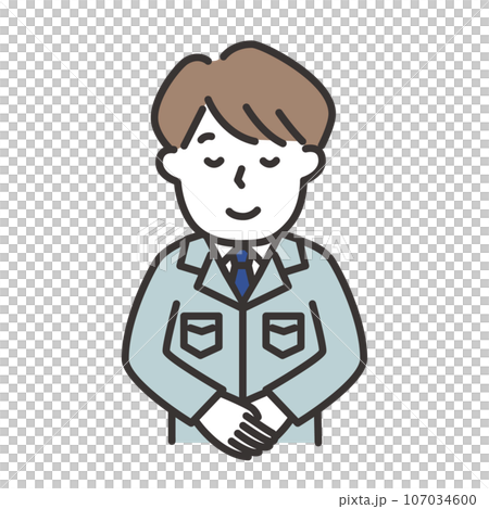 作業服にネクタイをした男性がにこやかにおじぎをするイラスト 107034600