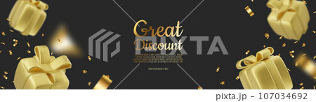 Banner online shopping with 3d realistic gift isolated on black background. Vector illustration 107034692