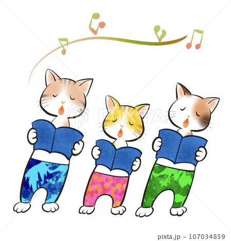 ネコたちが楽しそうに歌っているイラスト 107034859
