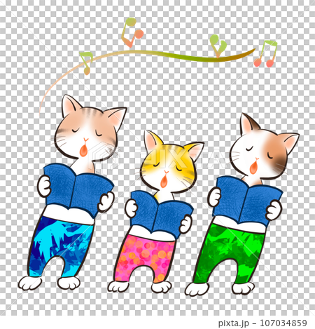 ネコたちが楽しそうに歌っているイラスト 107034859