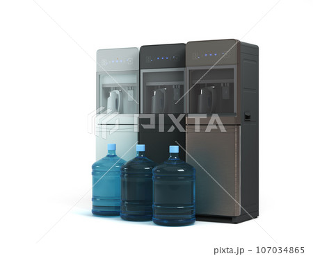 Modrn set of water cooler machine with whater bottels 3d render on white Modrn set of water cooler machine with whater bottels 3d render on white 107034865