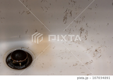 Small pieces of hair left in a bathroom sink after a man finished shaving in the morning 107034891
