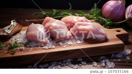 Fresh chicken fillet. Raw chicken poultry meat lies on a wooden cutting board. Fresh chicken fillet. Raw chicken poultry meat lies on a wooden cutting board. 107035166