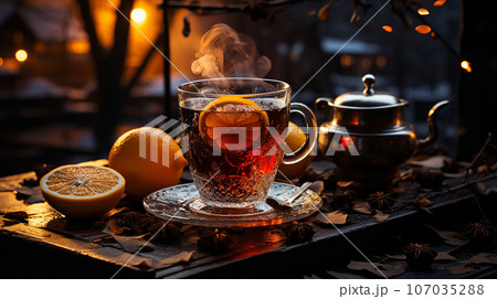 A cup of a hot tea with lemon, ai generated 107035288