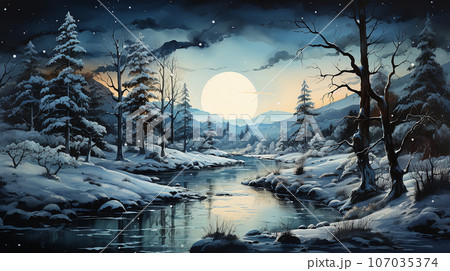 Watercolor forest by night, ai generated 107035374