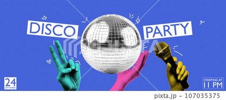 80s disco party. Banner design in collage style with halftone effect elements. And lettering with glitter. Vector trendy illustration 80s disco party. Banner design in collage style with halftone effect elements. And lettering with glitter. Vector trendy illustration 107035375
