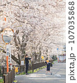 満開の桜並木道を歩く親子 107035868