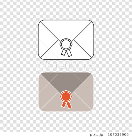 Mail letter icons set, legal award sign, outline black strokes, retro beige red coloured version. Checkered banner background. Flat design 107035906