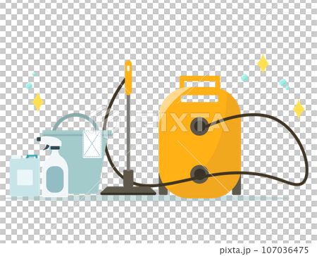 cleaning set. Cleaning, vacuum cleaner, bucket, rag, towel, spray. vector illustration 107036475