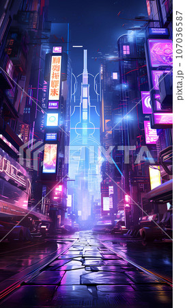 Cyberpunk Retro Futuristic City with Neon Lights 107036587