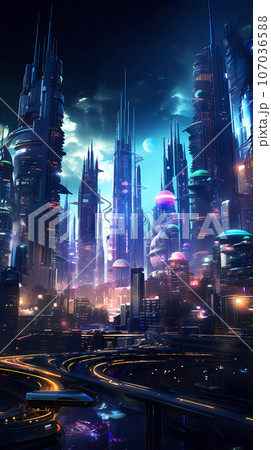 Cyberpunk Retro Futuristic City with Neon Lights Cyberpunk Retro Futuristic City with Neon Lights 107036588