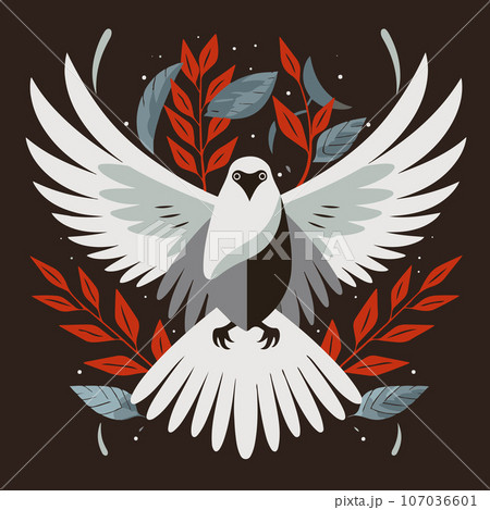 Graceful white dove soaring peacefully against a background of branches and foliage. Abstract, symbolic emblem of hope, freedom, and love Graceful white dove soaring peacefully against a background of branches and foliage. Abstract, symbolic emblem of hope, freedom, and love 107036601